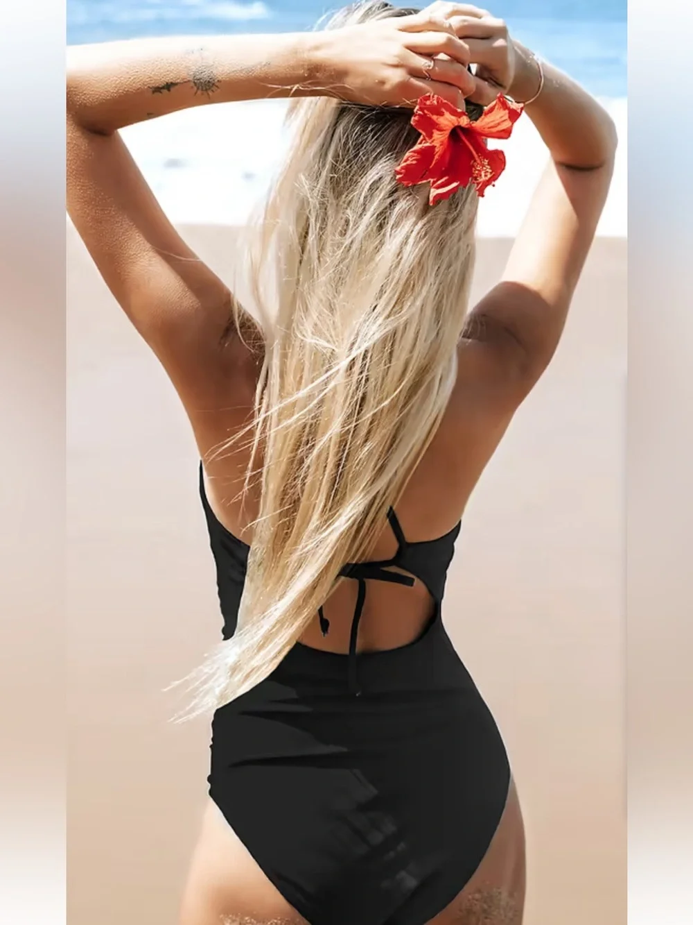 Black Halter-Keyhole Minimalist One-Piece Swimsuit - Crisscross Back Straps - L